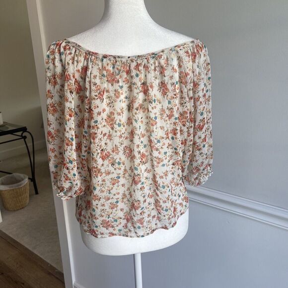 Poetry Large Sheer Ditsy Floral Tie Front Cropped Blouse Dainty Cottage Core - Picture 4 of 10